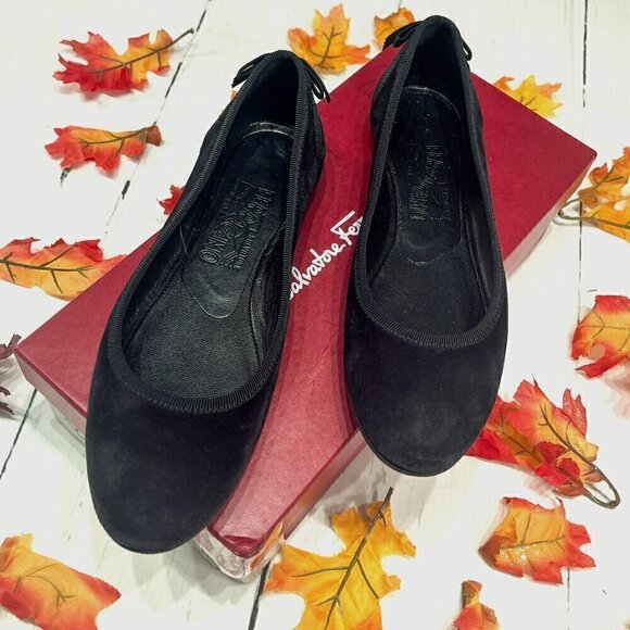 Salvatore Ferragamo RIAS Black Suede Ballet Flats, 6 1/2 B - Picture 1 of 12